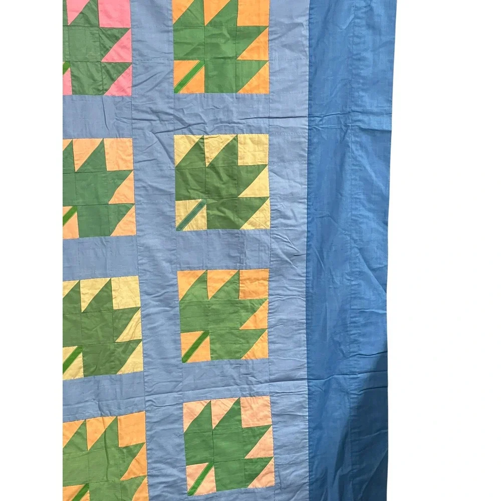 Vintage Hand Stitched Patchwork Quilt Leaf Blocks Blue Green Full Queen 92x88